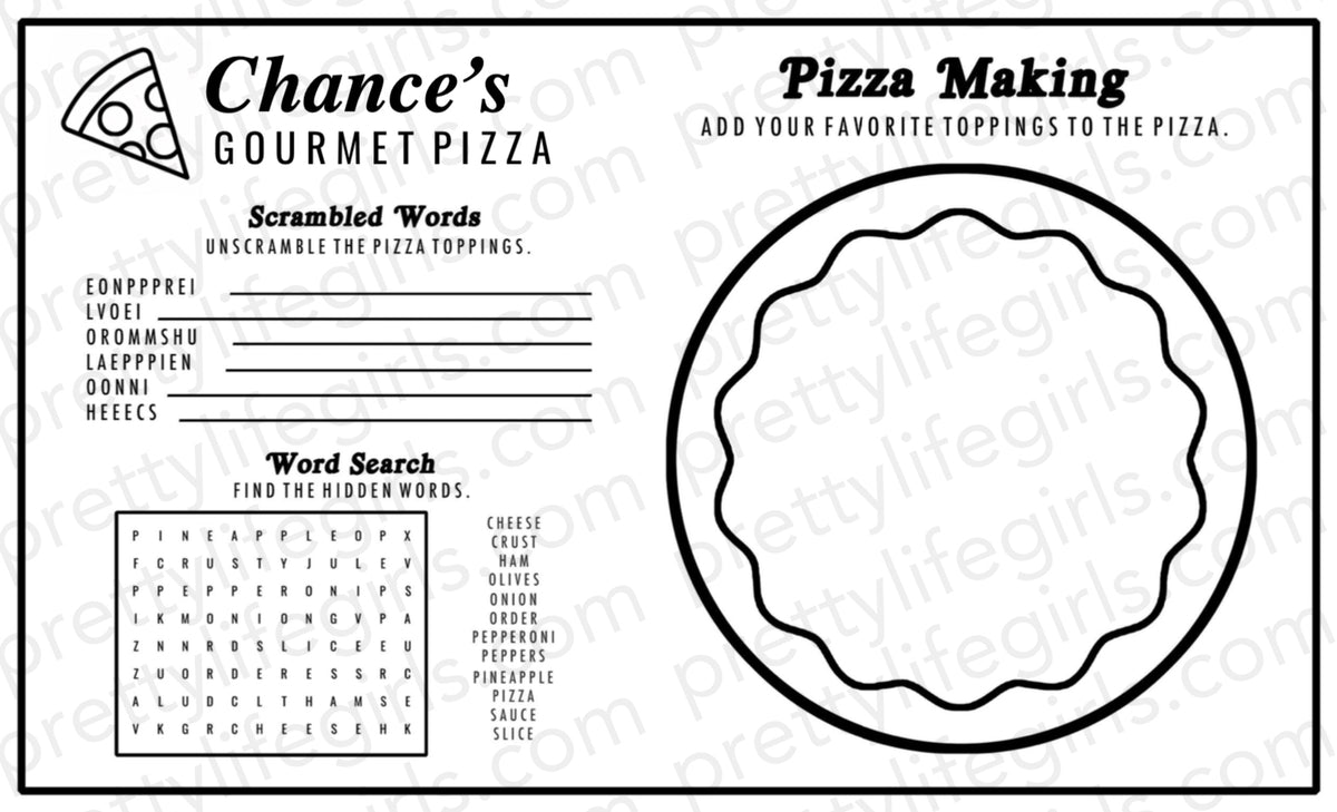 Pizza Party Placemat Editable Template, Pizza Party Coloring Page